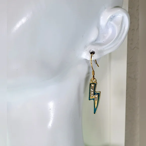 Teal Rhinestone Lightning Bolt Statement Dangle Earrings / Pierced - Picture 2 of 5